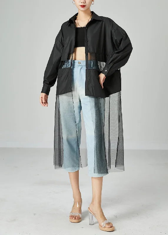 Shearling - lined women's leather coats for ultimate warmth and luxuryWomen Black Oversized Tulle Patchwork Hollow Out Cotton Long Coat Summer Shearling - lined women's leather coats for ultimate warmth and luxuryWomen Black Oversized Tulle Patchwork Hollow Out Cotton Long Coat Summer