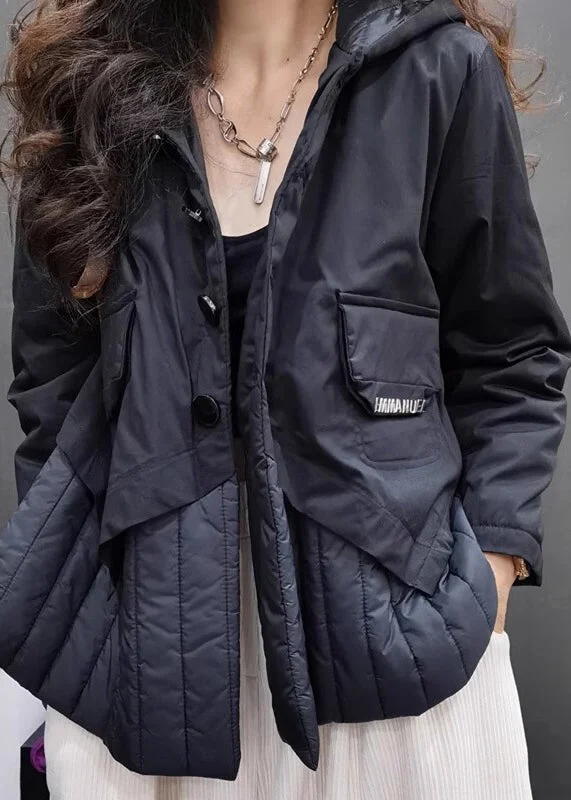Quilted down women's coats with removable hoods for outdoor activitiesWomen Black Patchwork Fine Cotton Filled Hooded Jacket Long Sleeve Quilted down women's coats with removable hoods for outdoor activitiesWomen Black Patchwork Fine Cotton Filled Hooded Jacket Long Sleeve
