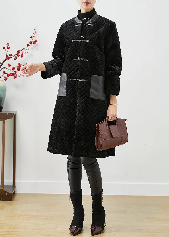 Women's pea coats with brass buttons for a nautical - inspired styleWomen Black Patchwork Pockets Silk Velour Fine Cotton Filled Coats Winter Women's pea coats with brass buttons for a nautical - inspired styleWomen Black Patchwork Pockets Silk Velour Fine Cotton Filled Coats Winter
