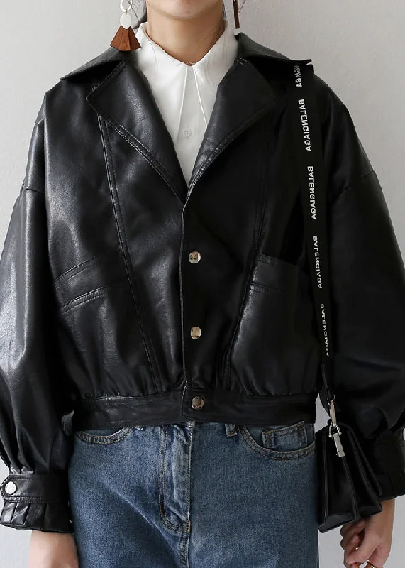 Women's reversible down coats with two - tone designs for versatile stylingWomen Black Peter Pan Collar Pockets Patchwork Faux Leather Jackets Fall Women's reversible down coats with two - tone designs for versatile stylingWomen Black Peter Pan Collar Pockets Patchwork Faux Leather Jackets Fall