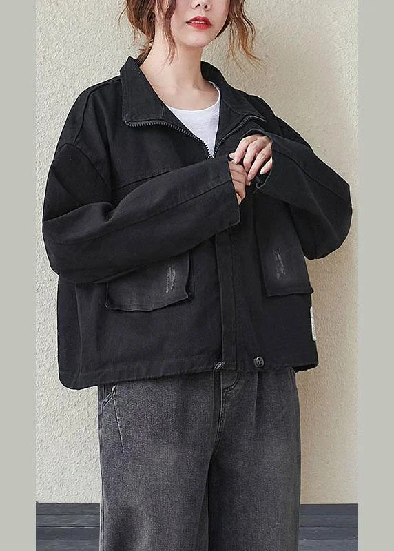 Checkered women's wool coats in a classic pattern for a timeless styleWomen Black Pockets zippered drawstring Fall Denim Long sleeve Coat Checkered women's wool coats in a classic pattern for a timeless styleWomen Black Pockets zippered drawstring Fall Denim Long sleeve Coat