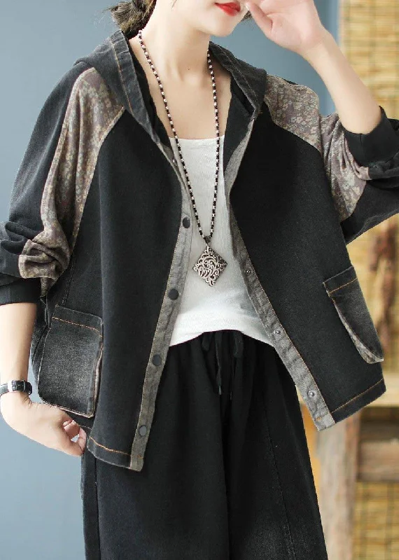 Quilted down women's coats with removable hoods for outdoor activitiesWomen Black Print Patchwork Loose Fall Denim Hoodie Coat