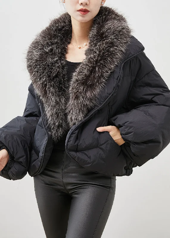 Women's longline double - breasted camel coats for a sophisticated lookWomen Black Rabbit Hair Collar Warm Duck Down Puffer Jacket Winter