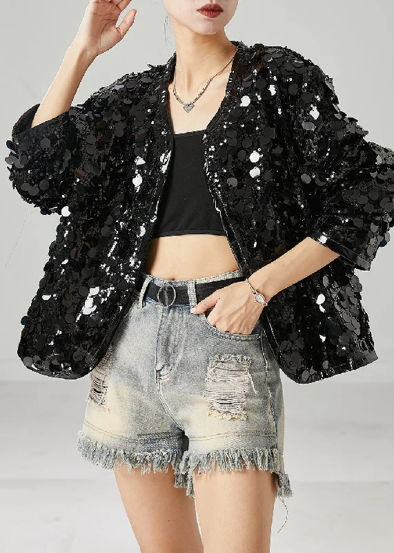Hooded women's puffer coats in neon colors for high - visibility sportsWomen Black Sequins Oversized Coat Spring