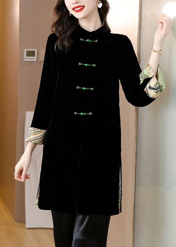Belted women's cashmere coats in soft pastels for a luxurious feelWomen Black Stand Collar Patchwork Button Silk Velour Coat Bracelet Sleeve Belted women's cashmere coats in soft pastels for a luxurious feelWomen Black Stand Collar Patchwork Button Silk Velour Coat Bracelet Sleeve