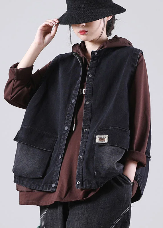Belted women's cashmere coats in soft pastels for a luxurious feelWomen Black Stand Collar Pockets Button Fall Sleeveless Waistcoat