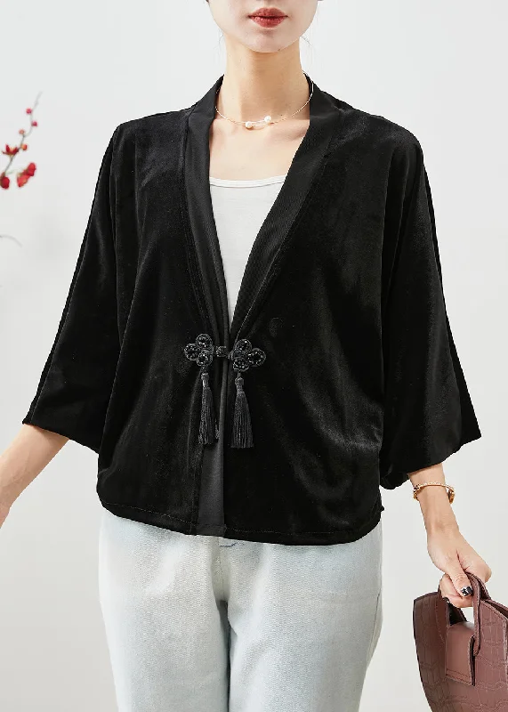 Oversized women's wool coats in a monochromatic look for a trendy outfitWomen Black Tasseled Chinese Button Silk Velour Coats Fall Oversized women's wool coats in a monochromatic look for a trendy outfitWomen Black Tasseled Chinese Button Silk Velour Coats Fall