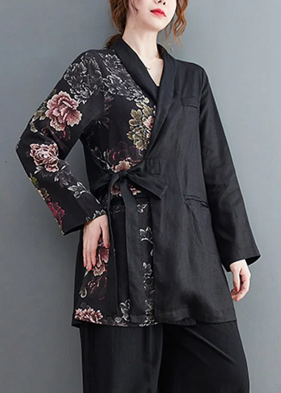 Mid - length women's down coats in a slim fit for a modern and sleek appearanceWomen Black tie waist Asymmetrical Pockets Print Linen coat Long Sleeve Mid - length women's down coats in a slim fit for a modern and sleek appearanceWomen Black tie waist Asymmetrical Pockets Print Linen coat Long Sleeve