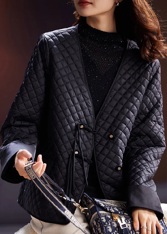 Mid - length women's down coats in a slim fit for a modern and sleek appearanceWomen Black V Neck Button Thin Cotton Filled Coat Spring Mid - length women's down coats in a slim fit for a modern and sleek appearanceWomen Black V Neck Button Thin Cotton Filled Coat Spring