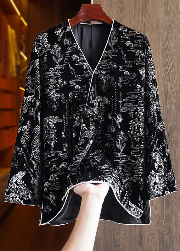Shearling - lined women's leather coats for ultimate warmth and luxuryWomen Black V Neck Jacquard Patchwork Silk Velour Coats Fall Shearling - lined women's leather coats for ultimate warmth and luxuryWomen Black V Neck Jacquard Patchwork Silk Velour Coats Fall