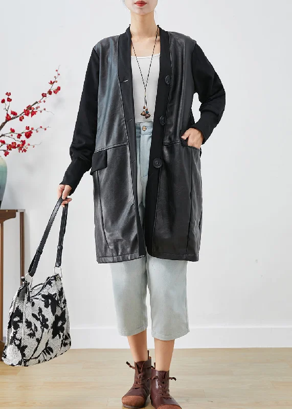 Women's pea coats with brass buttons for a nautical - inspired styleWomen Black V Neck Patchwork Faux Leather Coat Fall Women's pea coats with brass buttons for a nautical - inspired styleWomen Black V Neck Patchwork Faux Leather Coat Fall