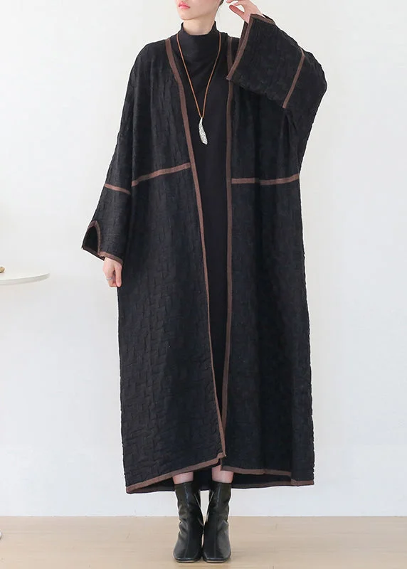 Women's reversible down coats with two - tone designs for versatile stylingWomen Black V Neck Patchwork Woolen Trench Coats Long Sleeve