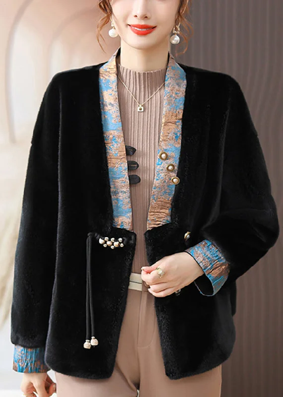 Water - resistant women's trench coats with adjustable cuffs for rainy daysWomen Black V Neck Pockets Patchwork Mink Hair Coats Fall Water - resistant women's trench coats with adjustable cuffs for rainy daysWomen Black V Neck Pockets Patchwork Mink Hair Coats Fall