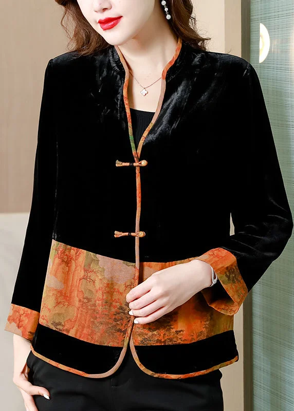 Women's longline double - breasted camel coats for a sophisticated lookWomen Black V Neck Print Patchwork Button Silk Velour Coats Fall Women's longline double - breasted camel coats for a sophisticated lookWomen Black V Neck Print Patchwork Button Silk Velour Coats Fall