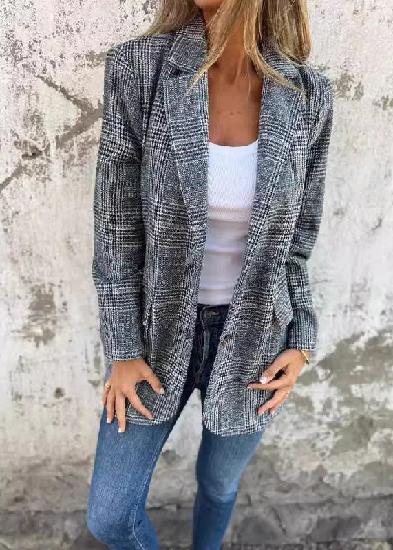 Plus size women's wool blend coats for a warm and stylish winterWomen Blue Notched Pockets Plaid Cotton Suit Coats Fall