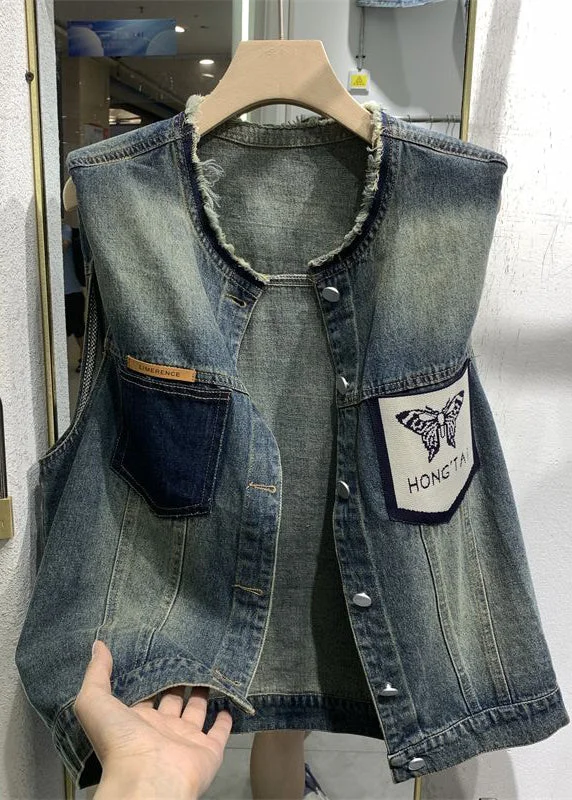 Mid - length women's down coats in a slim fit for a modern and sleek appearanceWomen Blue O-Neck Print Pockets Patchwork Waistcoat Sleeveless Mid - length women's down coats in a slim fit for a modern and sleek appearanceWomen Blue O-Neck Print Pockets Patchwork Waistcoat Sleeveless
