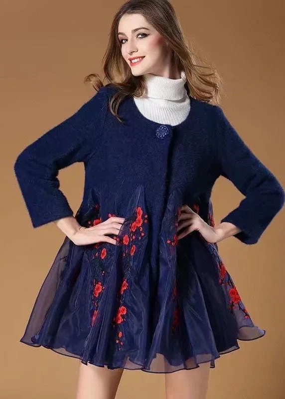 Mid - length women's down coats in a slim fit for a modern and sleek appearanceWomen Blue Organza Patchwork Embroideried Wool Coats Winter Mid - length women's down coats in a slim fit for a modern and sleek appearanceWomen Blue Organza Patchwork Embroideried Wool Coats Winter