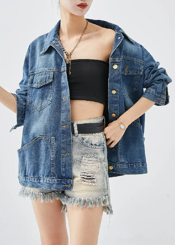 Embroidered women's cotton coats in a bohemian pattern for a unique designWomen Blue Oversized Pockets Denim Coats Fall Embroidered women's cotton coats in a bohemian pattern for a unique designWomen Blue Oversized Pockets Denim Coats Fall