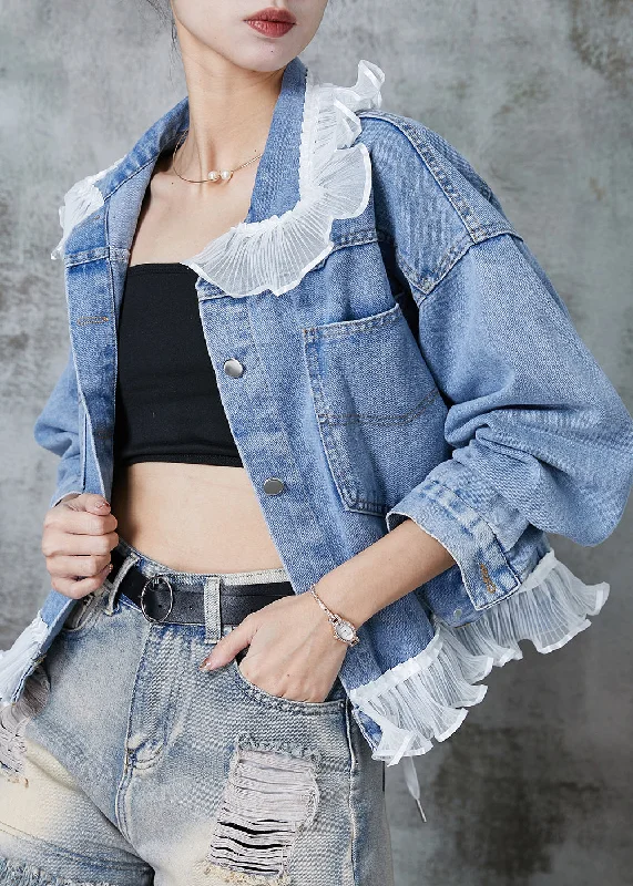 Women's pea coats with brass buttons for a nautical - inspired styleWomen Blue Ruffled Patchwork Denim Coats Spring Women's pea coats with brass buttons for a nautical - inspired styleWomen Blue Ruffled Patchwork Denim Coats Spring