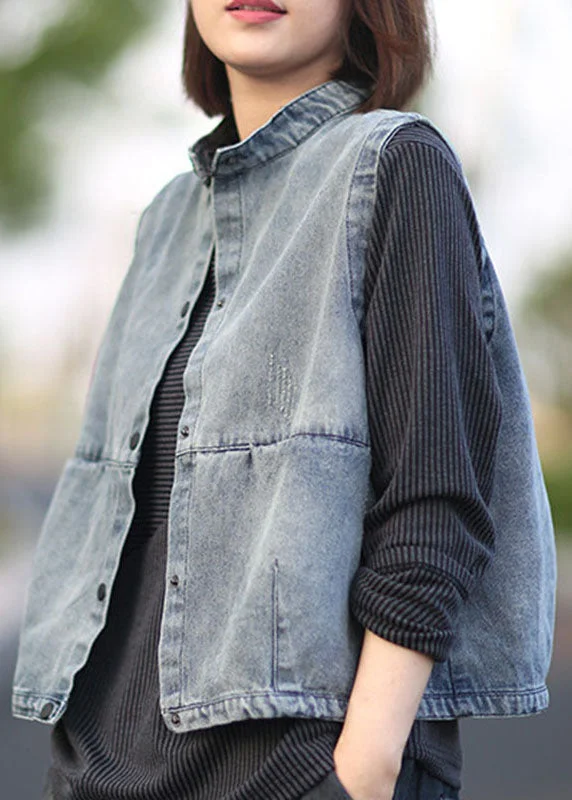 Belted women's cashmere coats in soft pastels for a luxurious feelWomen Blue Stand Collar Button Pockets Fall Denim Sleeveless Waistcoat