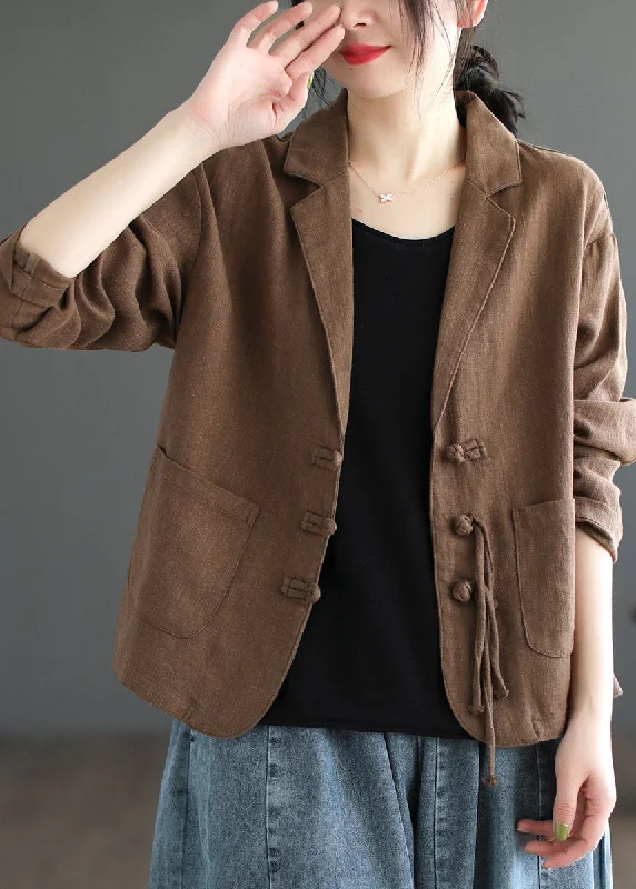 Women's pea coats with brass buttons for a nautical - inspired styleWomen Brown Tasseled Button Pockets Patchwork Linen Coats Fall Women's pea coats with brass buttons for a nautical - inspired styleWomen Brown Tasseled Button Pockets Patchwork Linen Coats Fall