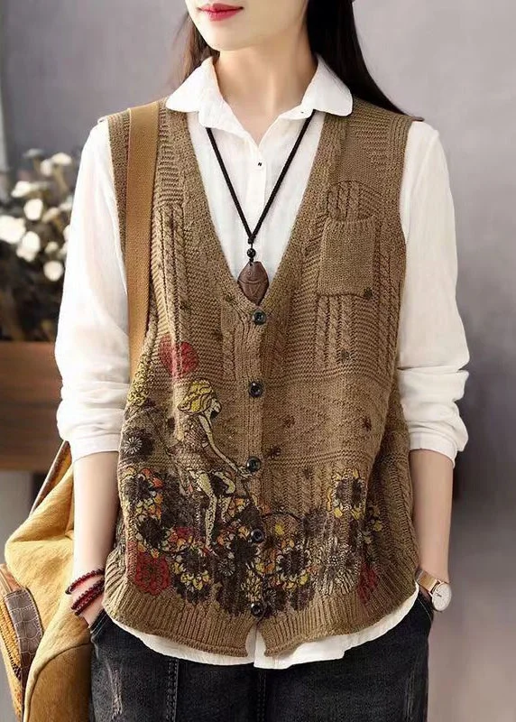 Women's waterproof parka coats with multiple pockets for practicalityWomen Brown V Neck Print Button Cotton Knit Waistcoat Sleeveless