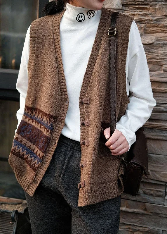 Women's knee - length wool blend coats with a fur collar for added warmthWomen Chocolate V Neck Button Fall Pockets Sleeveless Waistcoat Women's knee - length wool blend coats with a fur collar for added warmthWomen Chocolate V Neck Button Fall Pockets Sleeveless Waistcoat