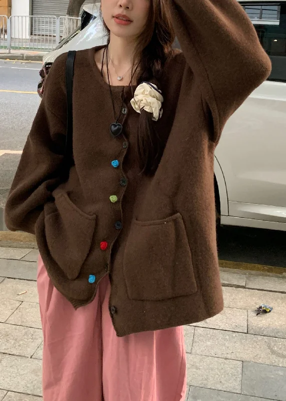 Women's cropped leather coats with silver studs for an edgy lookWomen Coffee Pockets Button Solid Cotton Knit Sweaters Coats Fall Women's cropped leather coats with silver studs for an edgy lookWomen Coffee Pockets Button Solid Cotton Knit Sweaters Coats Fall