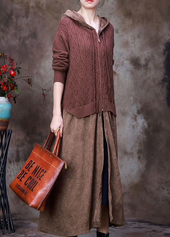 Mid - length women's down coats in a slim fit for a modern and sleek appearanceWomen coffee zippered drawstring Hooded Patchwork Knit Coats Spring Mid - length women's down coats in a slim fit for a modern and sleek appearanceWomen coffee zippered drawstring Hooded Patchwork Knit Coats Spring