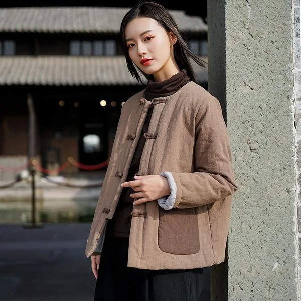 Women's long - sleeve wool coats in a houndstooth pattern for a classic charmWomen Cotton Linen Parkas Vintage Patchwork Color Coats Women's long - sleeve wool coats in a houndstooth pattern for a classic charmWomen Cotton Linen Parkas Vintage Patchwork Color Coats