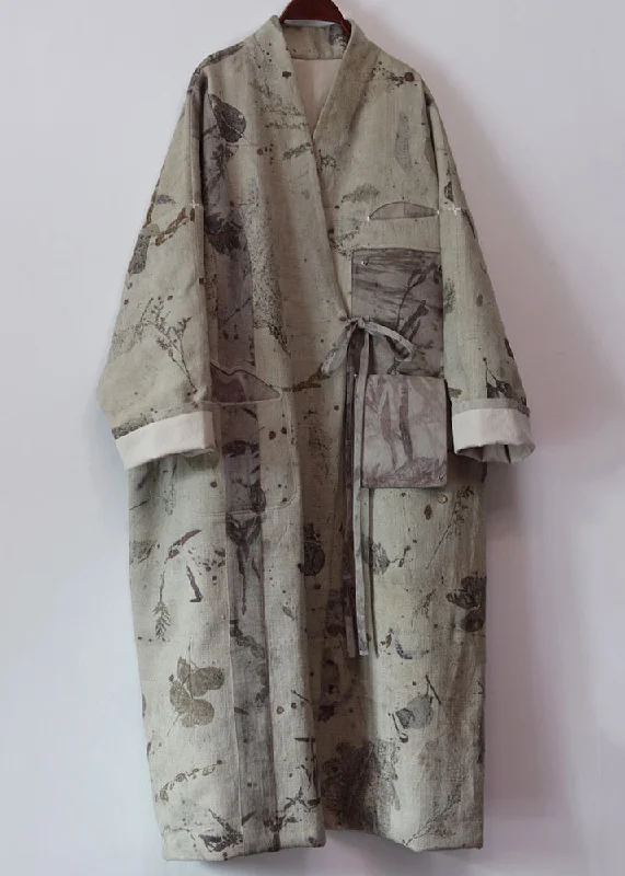 Long women's mac coats in a lightweight fabric for spring showersWomen Dark Gray V Neck Lace Up Patchwork Cotton Long Trench Coats Fall Long women's mac coats in a lightweight fabric for spring showersWomen Dark Gray V Neck Lace Up Patchwork Cotton Long Trench Coats Fall