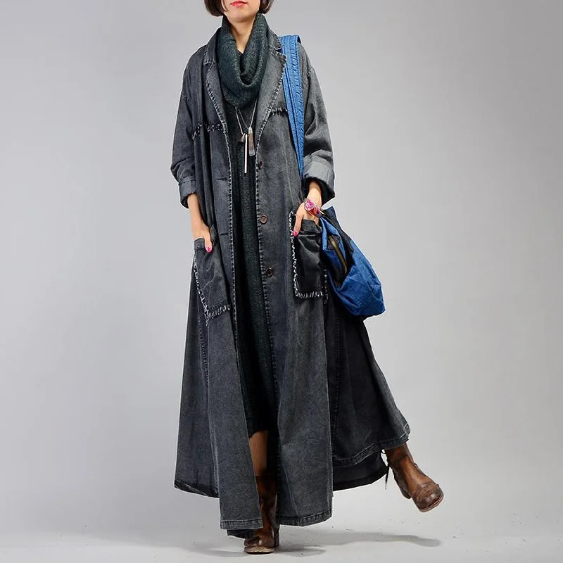 Women's reversible down coats with two - tone designs for versatile stylingwomen denim black coat for casual maxi coat Notched women patchwork pockets coats