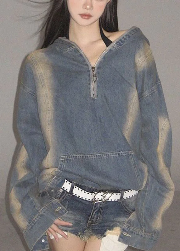 Water - resistant women's trench coats with adjustable cuffs for rainy daysWomen Denim Blue Zippered Patchwork Hoodie Coat Fall Water - resistant women's trench coats with adjustable cuffs for rainy daysWomen Denim Blue Zippered Patchwork Hoodie Coat Fall