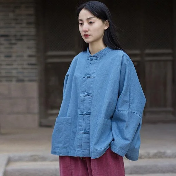Long women's mac coats in a lightweight fabric for spring showersWomen Denim Jackets Vintage Stand Bat Sleeve Solid Color Coats