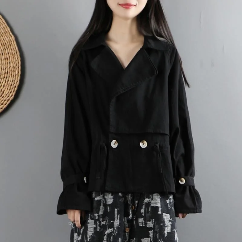 Embroidered women's cotton coats in a bohemian pattern for a unique designWomen drawstring Fashion full coats women blouses black loose outwear