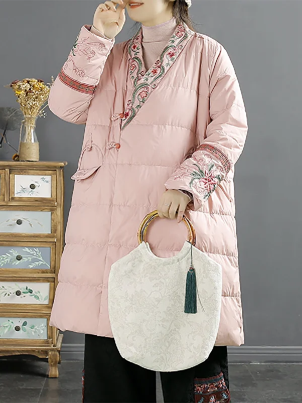 Long women's mac coats in a lightweight fabric for spring showersWomen Ethnic Embroidery V-neck Down Coat