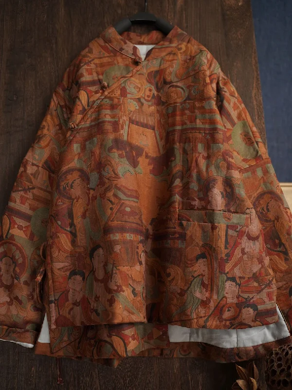 Women's waterproof parka coats with multiple pockets for practicalityWomen Ethnic Winter Flower Print Linen Padded Coat