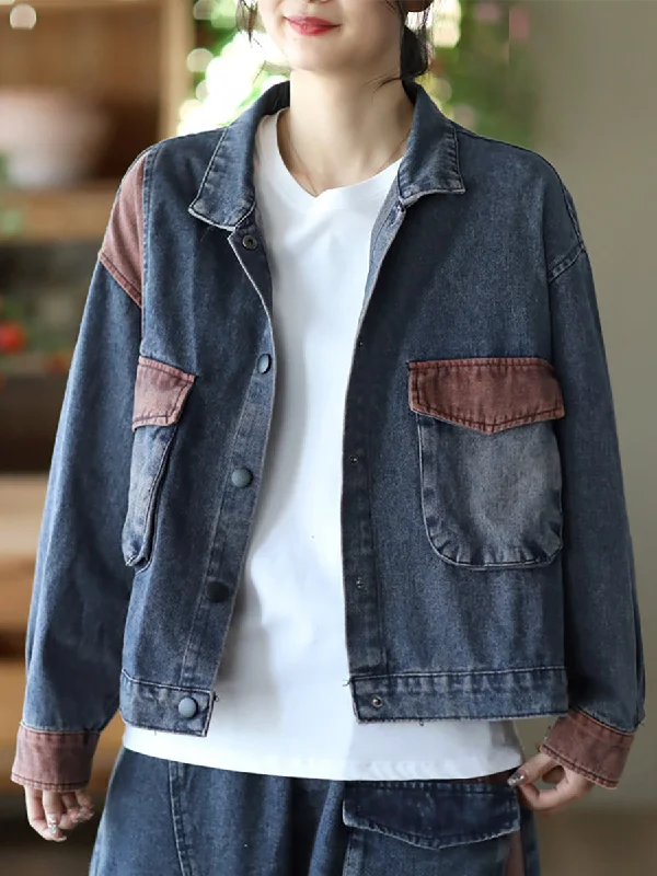 Hooded women's puffer coats in neon colors for high - visibility sportsWomen Fall Retro Patchwork Button Pocket Denim Coat Hooded women's puffer coats in neon colors for high - visibility sportsWomen Fall Retro Patchwork Button Pocket Denim Coat