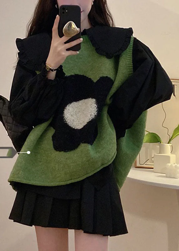 Belted women's cashmere coats in soft pastels for a luxurious feelWomen Green Floral Cotton Knit Waistcoat Black Shirts And Pleated Skirt Three Pieces Set Long Sleeve Belted women's cashmere coats in soft pastels for a luxurious feelWomen Green Floral Cotton Knit Waistcoat Black Shirts And Pleated Skirt Three Pieces Set Long Sleeve