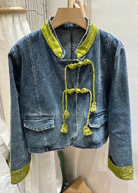 Embroidered women's cotton coats in a bohemian pattern for a unique designWomen Green Stand Collar Chinese Button Denim Coat Spring Embroidered women's cotton coats in a bohemian pattern for a unique designWomen Green Stand Collar Chinese Button Denim Coat Spring