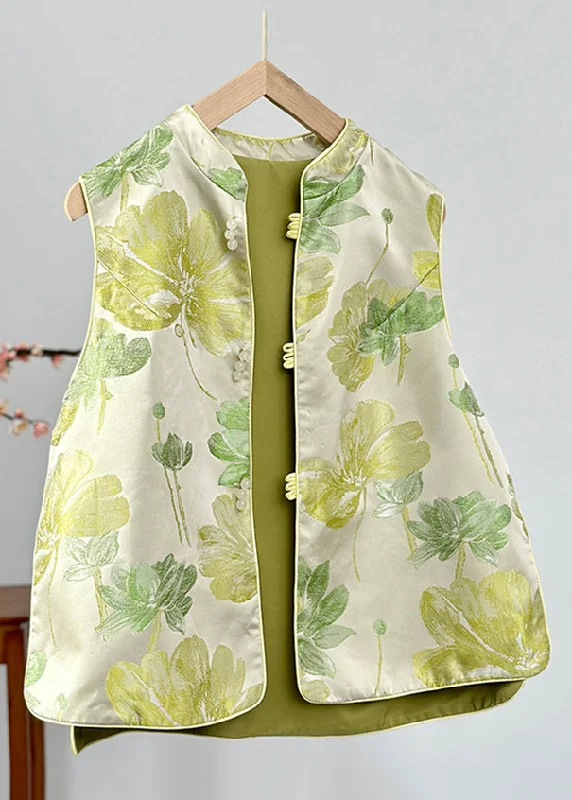 Women's reversible down coats with two - tone designs for versatile stylingWomen Green Stand Collar Print Button Satin Waistcoat Fall