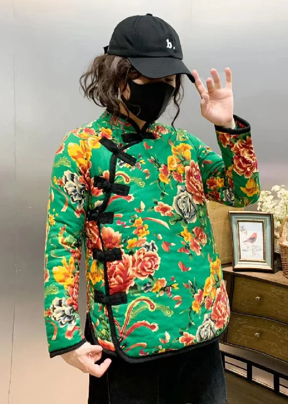 Women's pea coats with brass buttons for a nautical - inspired styleWomen Green Stand Collar Print Fine Cotton Filled Coats Winter Women's pea coats with brass buttons for a nautical - inspired styleWomen Green Stand Collar Print Fine Cotton Filled Coats Winter