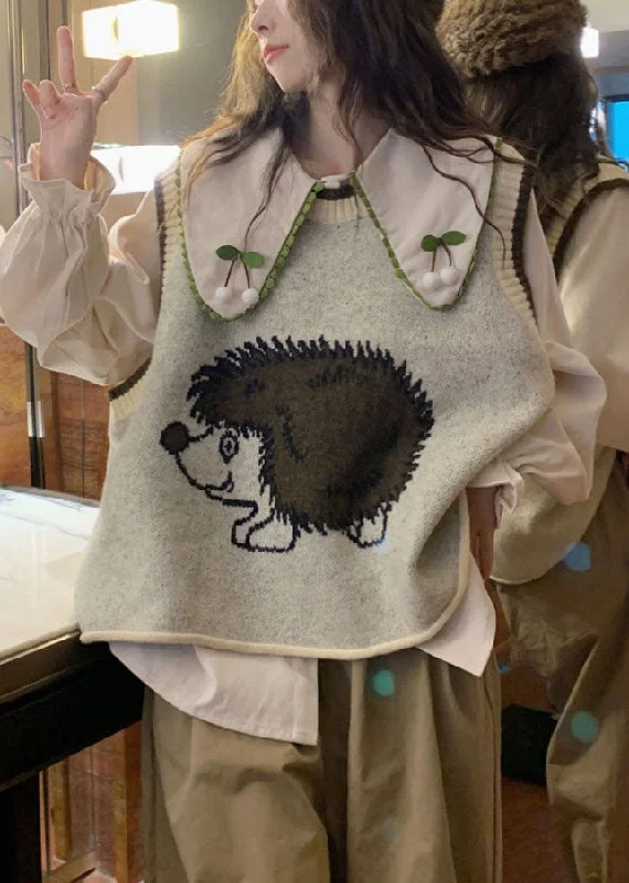 Women's faux fur coats in bright colors for a bold fashion statementWomen Grey O-Neck Animal Print Cotton Knit Waistcoat Fall