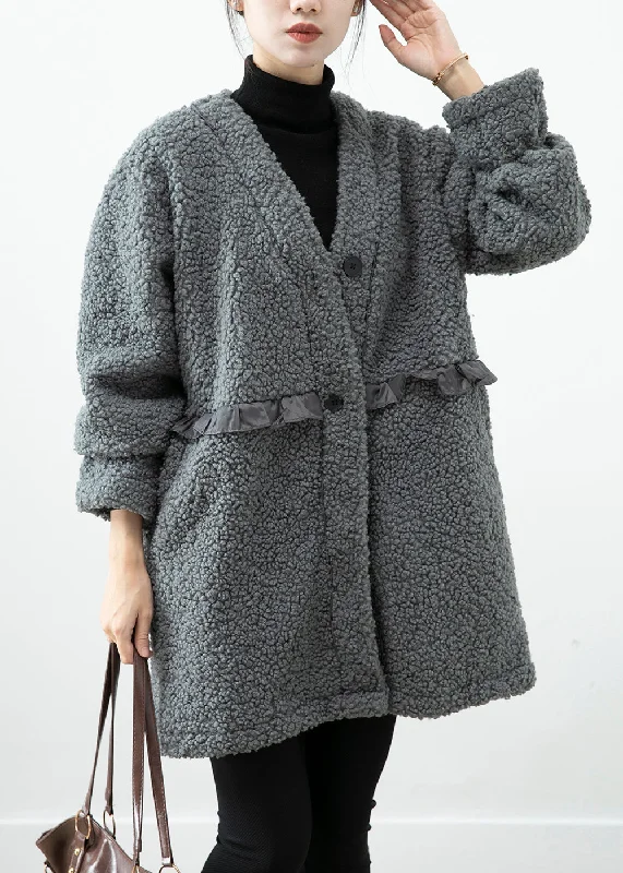 Quilted down women's coats with removable hoods for outdoor activitiesWomen Grey Ruffled Patchwork Faux Fur Coat Winter
