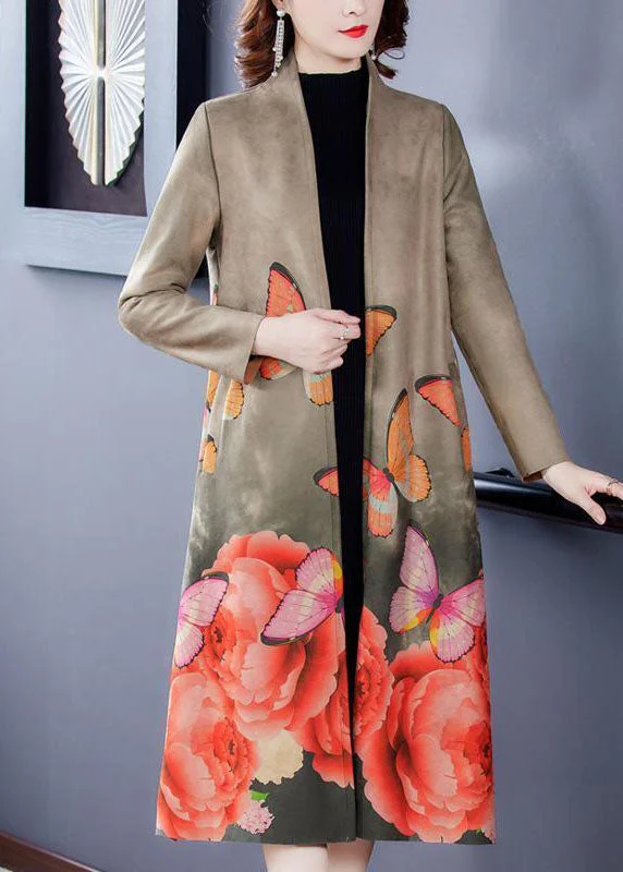 Oversized women's wool coats in a monochromatic look for a trendy outfitWomen Grey V Neck Butterfly Print Faux Suede Coats Long Sleeve
