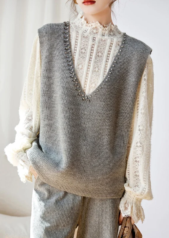 Mid - length women's down coats in a slim fit for a modern and sleek appearanceWomen Grey V Neck Zircon Patchwork Knit Waistcoat Sleeveless