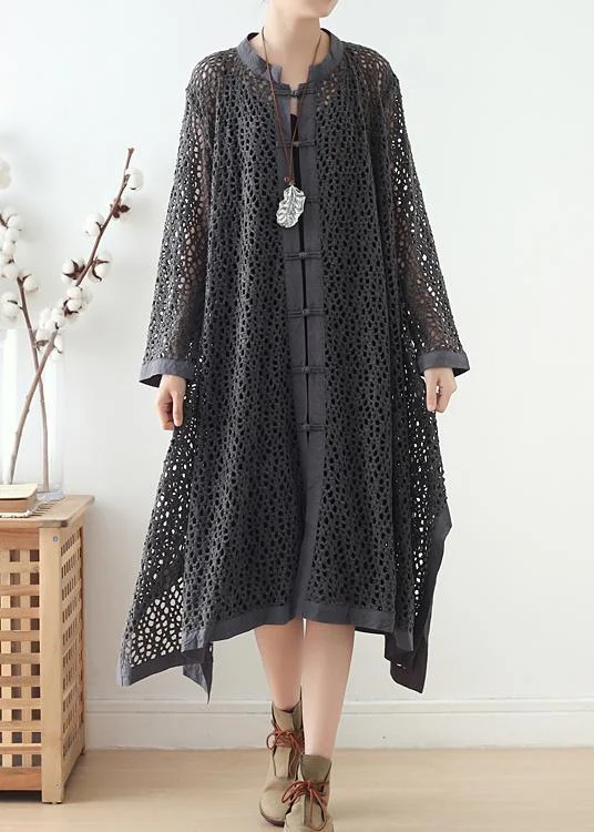 Embroidered women's cotton coats in a bohemian pattern for a unique designWomen Hollow Out Spring Black Loose Coat Embroidered women's cotton coats in a bohemian pattern for a unique designWomen Hollow Out Spring Black Loose Coat