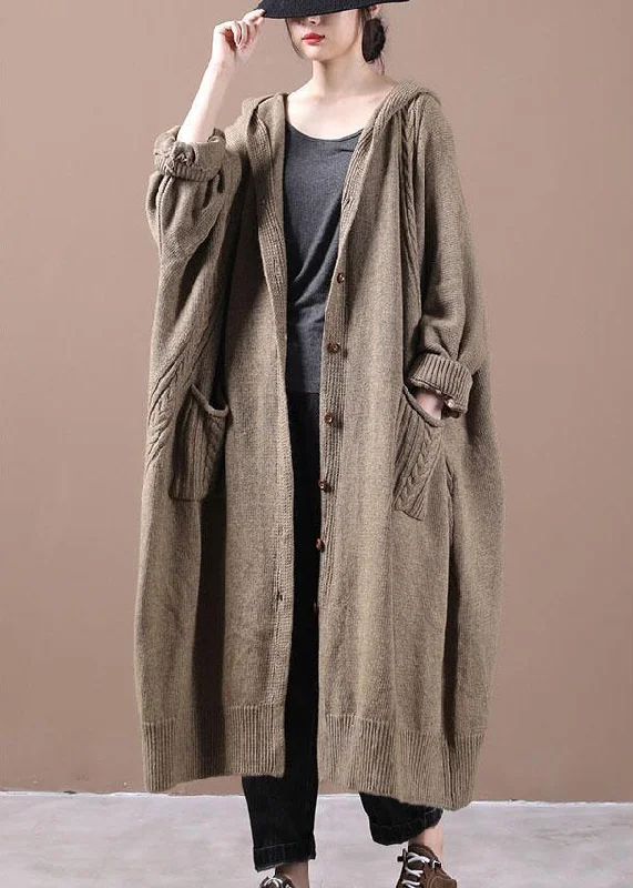 Shearling - lined women's leather coats for ultimate warmth and luxuryWomen Khaki Button Pockets Fall Long Cardigans Coat