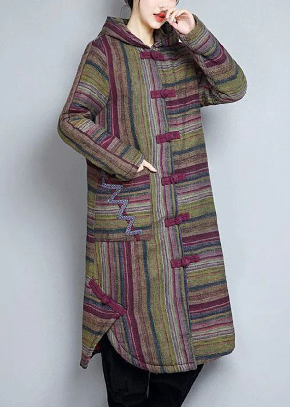 Checkered women's wool coats in a classic pattern for a timeless styleWomen Khaki Hooded Pockets Striped Fine Cotton Filled Women Winter Coats