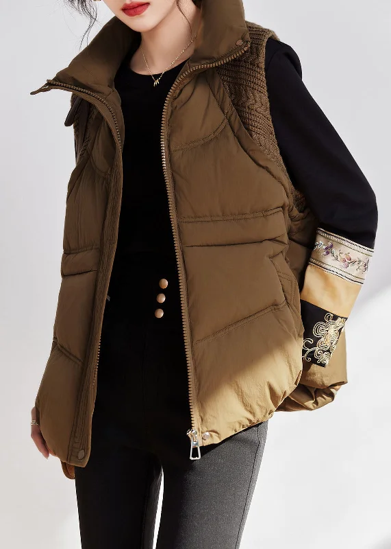 Plus size women's wool blend coats for a warm and stylish winterWomen Khaki Peter Pan Collar Zippered Warm Fine Cotton Filled Waistcoat Sleeveless